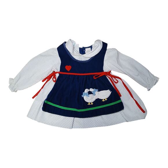Vtg Baby Girl Dress 18 Months Polka Dot Corduroy Pinafore Goose Appliqué Cottage - Picture 1 of 7
